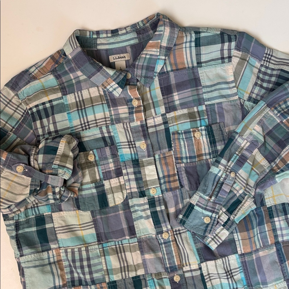 LL Bean Madras Patchwork Plaid Button Shirt‎ Country Cottagecore Womens Large